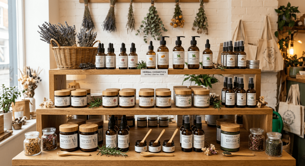 Wooden shelves with herbal cosmetic products including oils, creams, scrubs, and jars arranged with dried flowers in a warm, natural setting